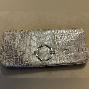 Brighton Crocodile-Embossed Gray Leather Clutch Wallet with Ring Accent